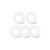 Five white circular objects with blue lights on a white background